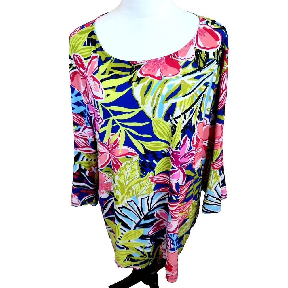 Jones Studio Tropical Floral Stretch Top Womens 2X Artsy Boho 3/4 Sleeve‎ Blouse